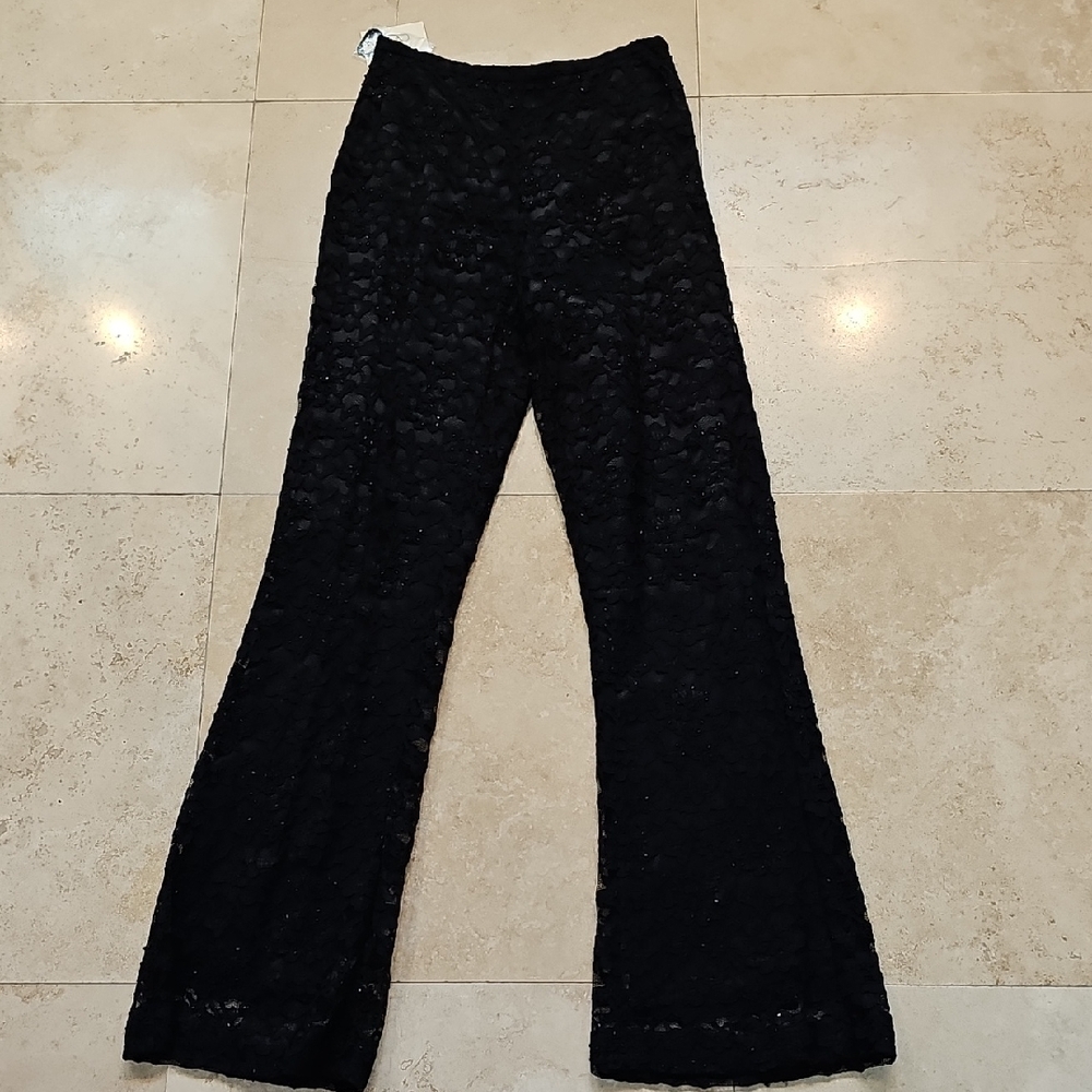 Petite Sophisticate Elegant Black Beaded Flare Lace Pants